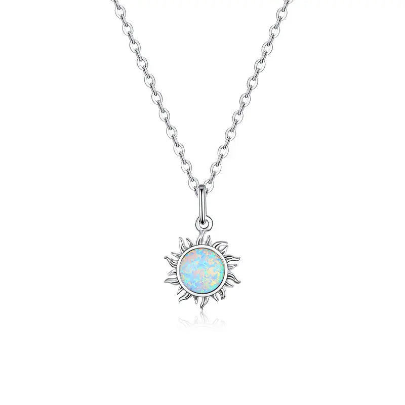 925 Sterling Silver White Opal Sun Pendant Necklace