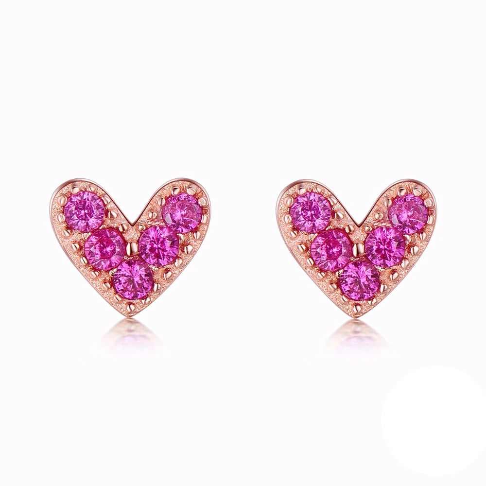 Genuine 925 Sterling Silver Heart Pink Stud Earrings