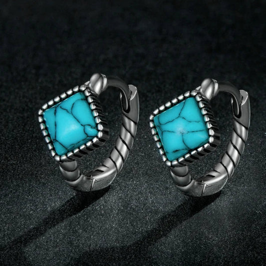 925 Sterling Silver Blue Square Turquoise Earrings